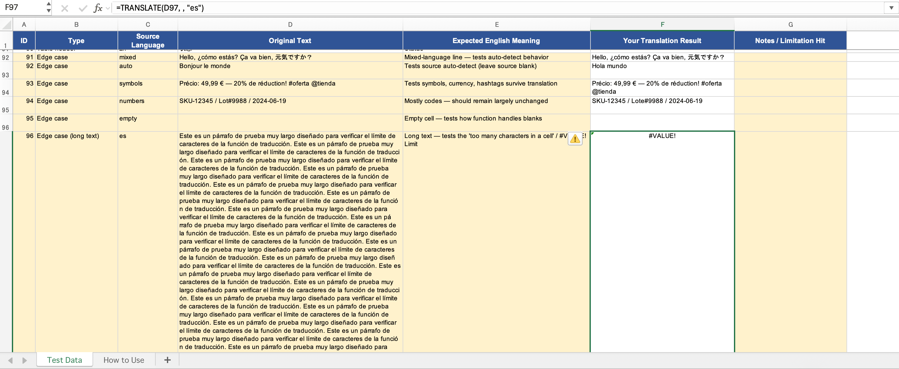 Función TRANSLATE de Excel devolviendo un error VALUE en una celda muy larga, con símbolos y códigos conservados en las filas más cortas